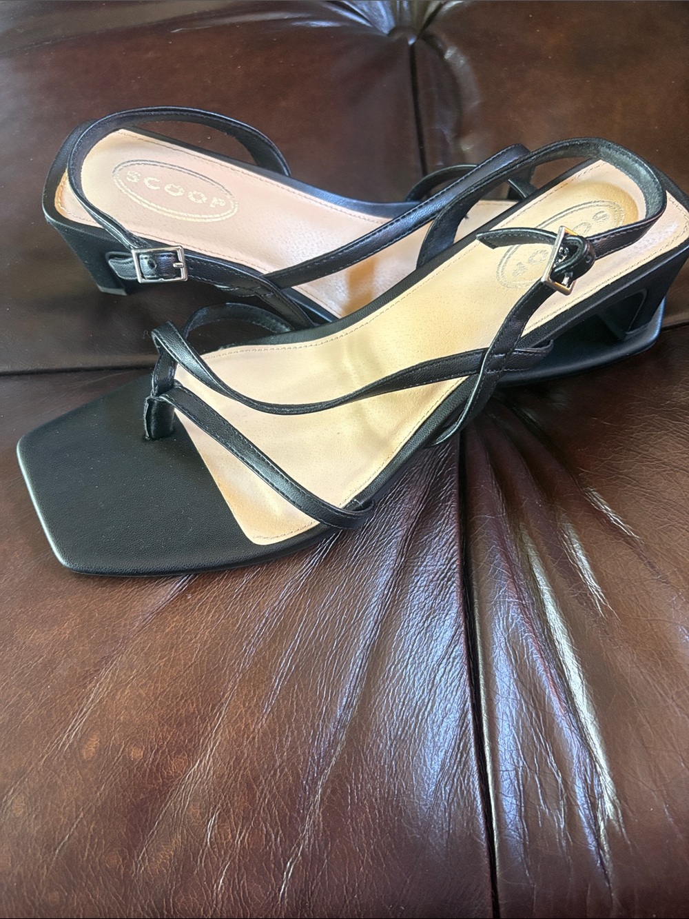 SCOOP Black Strappy Square-Toe Low Block Heels